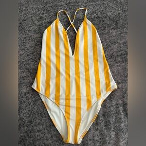 Cute Forever 21 Yellow and White Striped Swimsuit Medium